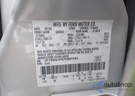 2007 Ford F250 Lariat/Xl/Xlt из США, поврежденный, VIN 1FTSW21P87EB07793